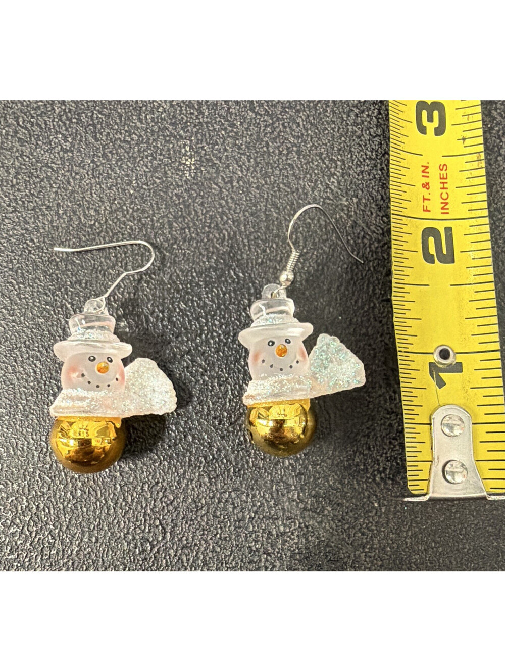 Snowman Dangle Drop Earrings Hook Closure Gold White Plastic Christmas 1.5 in